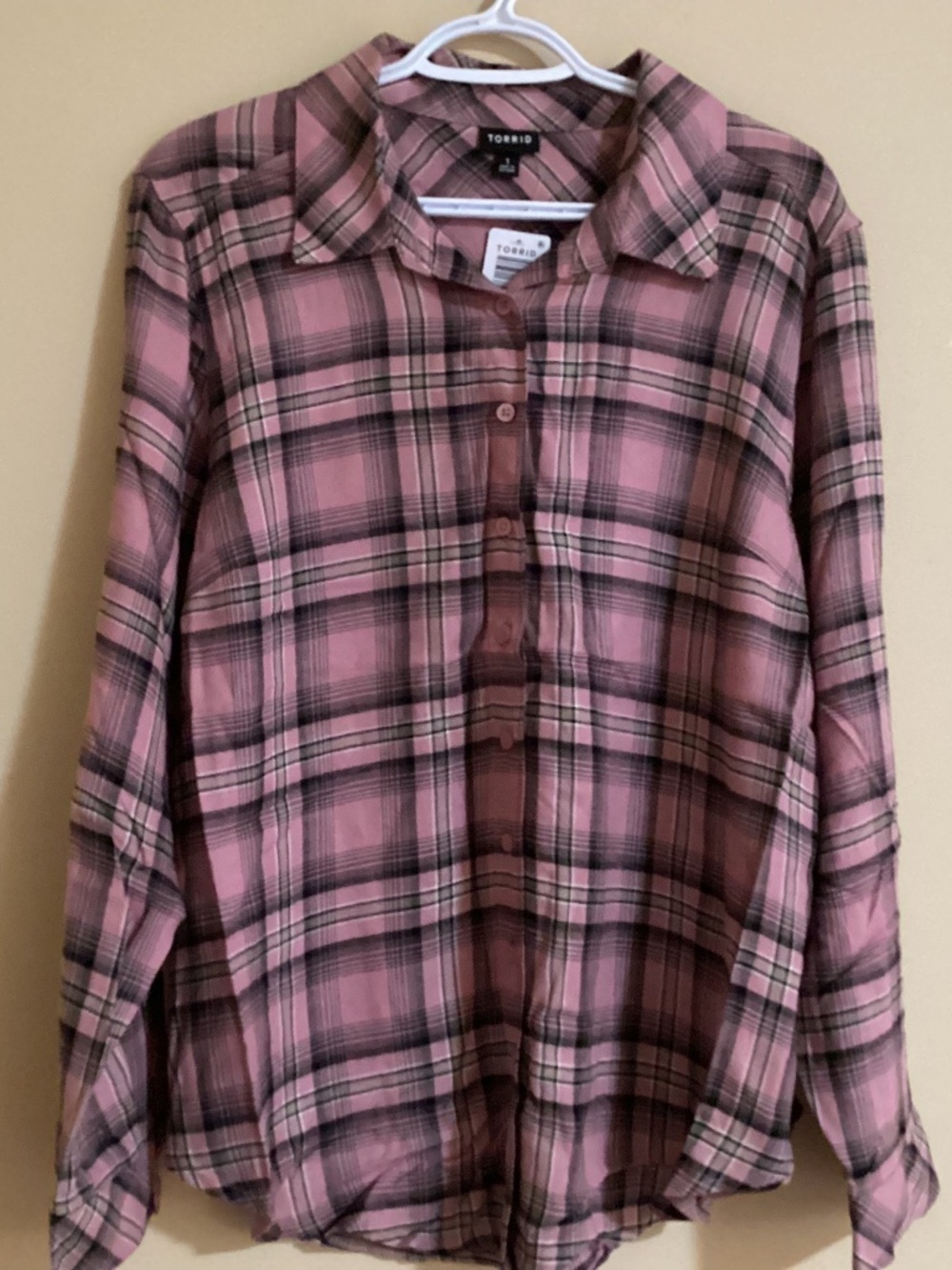 Torrid Elsa Pink Plaid Button Down Long Sleeve Top Soft Shirt - Size 1 (14/16)
